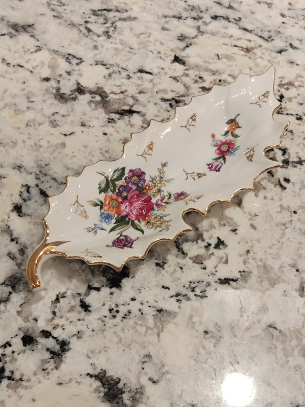Vintage Japan Made Porcelain Leaf Tray with Floral Motif and Gold Trim